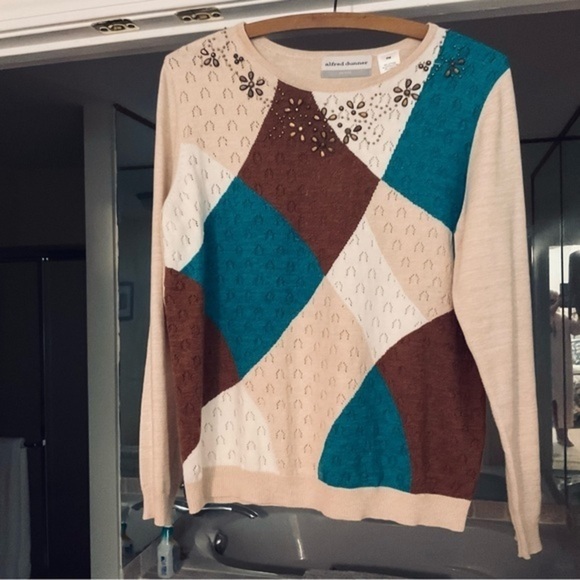 Alfred Dunner Color block LS Sweater Lightweight MP beiges choc brown dk teal - Picture 12 of 12
